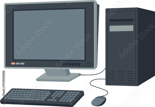 Desktop computer illustration with monitor, CPU, keyboard, and mouse, modern technology equipment vector design for office and business use
