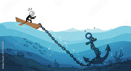A person rowing a small boat that is connected by a large chain to an anchor at the bottom of the sea.
