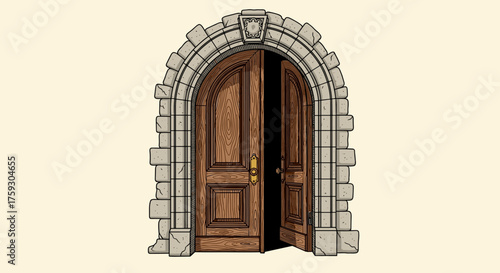 An ancient arched doorway with weathered stone and wooden double doors slightly ajar.