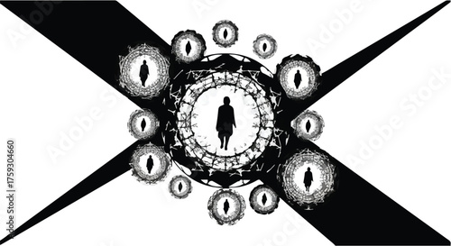 Mysterious figure surrounded by watchful eyes in a surreal, abstract vision.