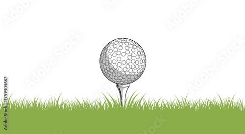 A golf ball rests on a tee in the lush green grass ready for a swing.