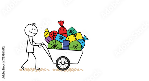 A happy stick figure pushing a cart full of colorful gifts and presents for a celebration or holiday season.