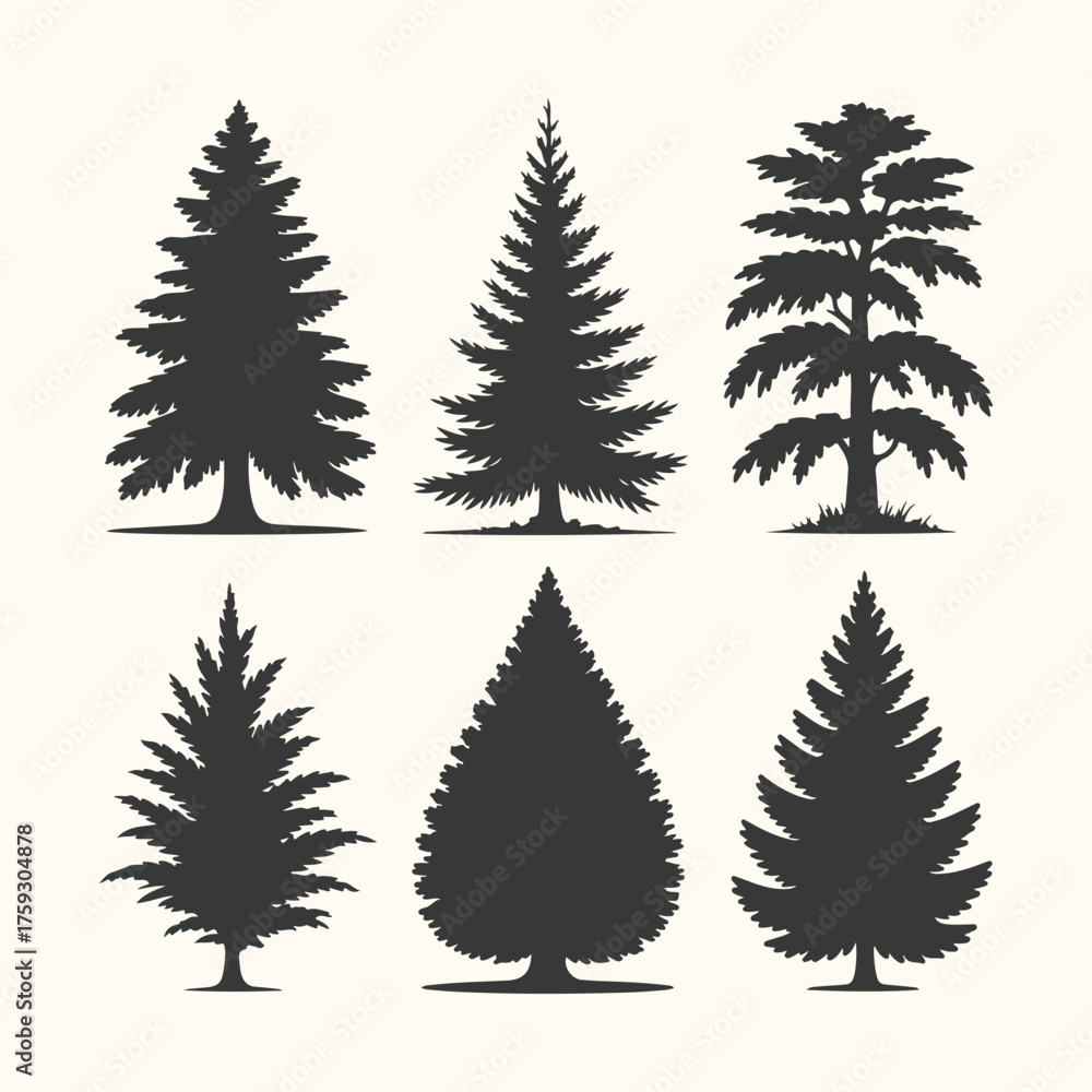 Obraz premium Vector art of set of six different evergreen tree silhouettes