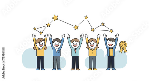 Teamwork and achievement celebrated with stars and a gold medal.