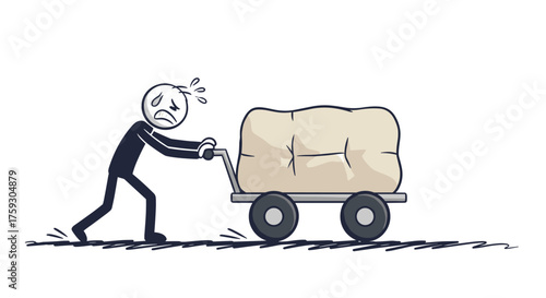 Struggling stick figure man pushing a heavy sack on a trolley with great effort.