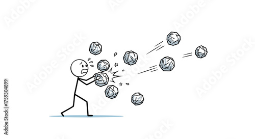 A stick figure man is overwhelmed by a barrage of rocks being thrown at him.
