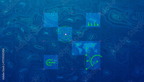 concept of military technology, graphic of terrain map with topographic interface