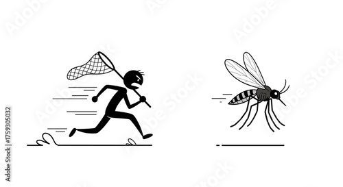 A stick figure man with a net chases after a flying mosquito at high speed.