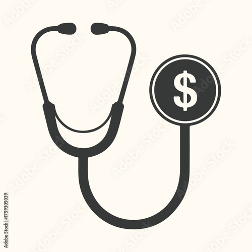 Vector art of stethoscope with dollar sign representing healthcare costs and medical expenses