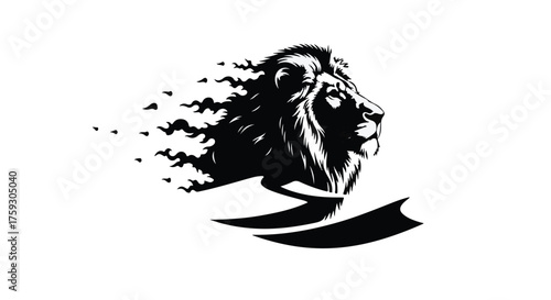 Powerful lion's head emerges from bold lettering symbolizing strength and courage