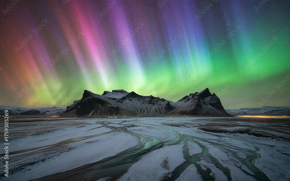 Naklejka premium Vibrant aurora borealis illuminates a majestic snowy mountain landscape at night.