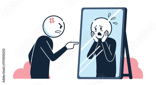 The internal struggle of self-criticism and anxiety depicted through a frustrated figure confronting their fearful reflection in a mirror.