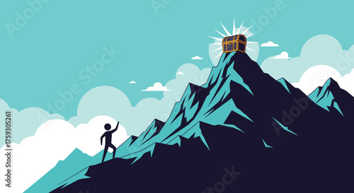 A solitary adventurer stands on a mountain peak reaching for a shining treasure chest.