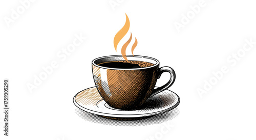 A steaming cup of hot coffee with steam rising from the dark beverage in a hand-drawn sketch illustration.