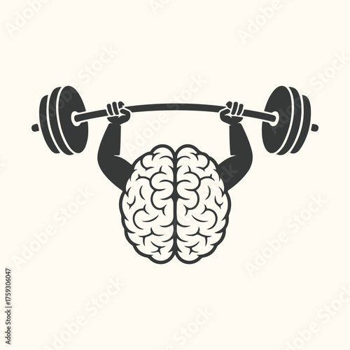 Illustration of a stylized brain lifting a barbell, symbolizing mental strength and cognitive exercise, isolated on a light cream background