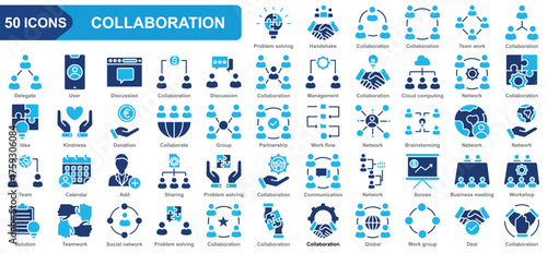 Collaboration collection icon set. Problem solving, Handshake, Team work, Delegate, User, Discussion, Management, Network. Simple flat vector.