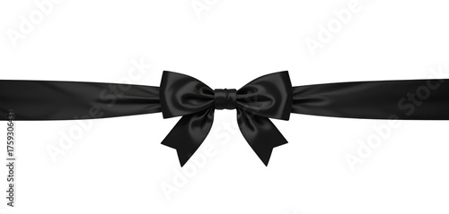  Black ribbon with a silk finish and bow in the middle, horizontal design. Isolated on transparent background.