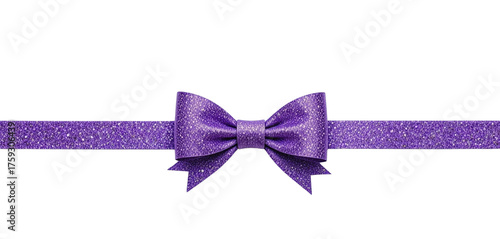  Purple ribbon with a glitter texture and decorative bow centered, horizontal layout. Isolated on transparent background.