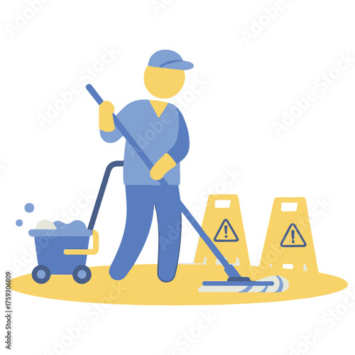 Minimalist Blue and Yellow Cleaner Mopping Floor Flat Design Illustration