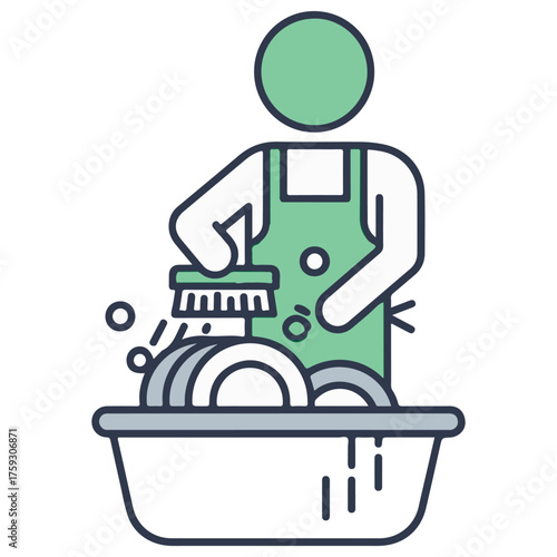 Green and White Flat Icon of Person Scrubbing Dishes in Basin