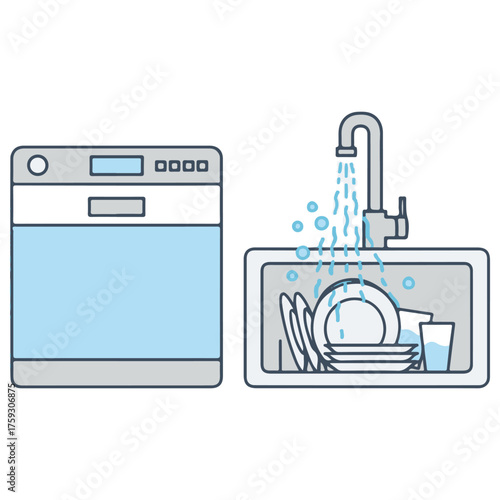 Minimalist Blue Grey Outline Illustration: Dishwasher and Kitchen Sink