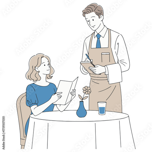Clean Line Art Illustration of Restaurant Service with Guest and Waiter