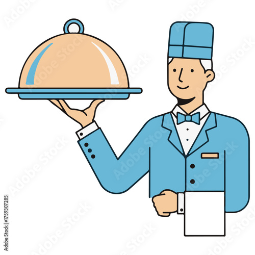 Flat Design Waiter Serving Cloche Tray Illustration on White Background
