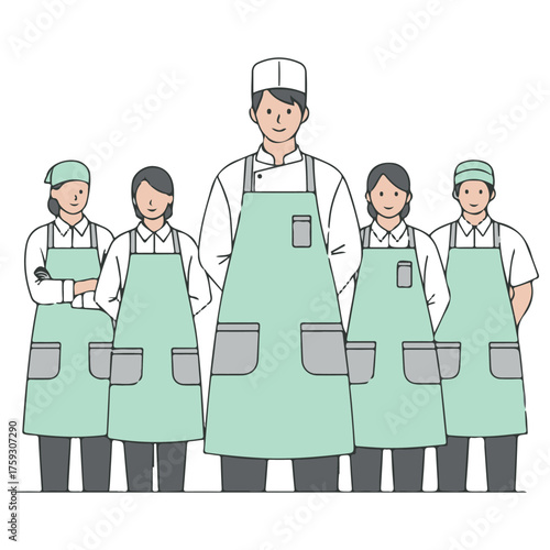 Flat style illustration of a professional culinary team wearing mint green aprons.