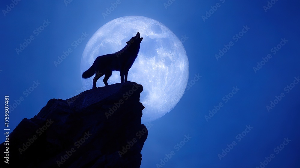 Fototapeta howling. A wolf howling under a starry night sky, embodying wild and dramatic nature. wildlife magazines, conservation campaigns, designed for wildlife conservation campaigns.