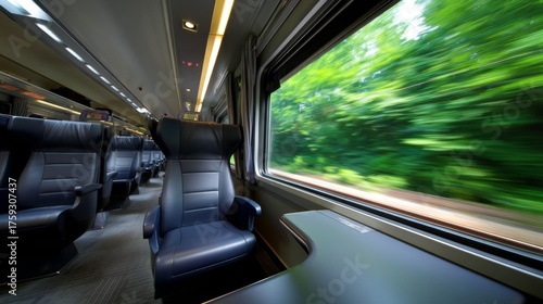 Elevated Elegance: Interior of High-Speed Train with Reclining Seats and Breathtaking Scenic View, Enhanced by Studio Lighting and Tilt-Shift Focus