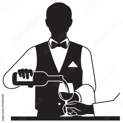 Minimalist Black and White Waiter Pouring Wine Service Silhouette Illustration