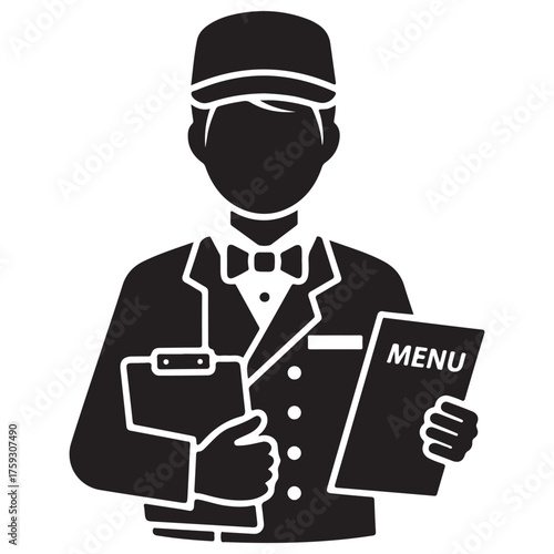 Black Silhouette Waiter Icon Holding Menu Clipboard Minimalist Vector Graphic