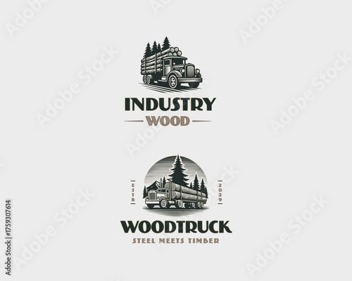 wood logging truck of timber logs logo template