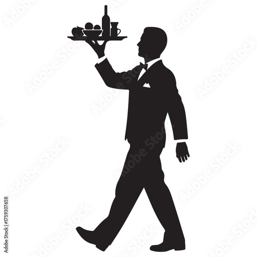 Black Silhouette Vector of a Walking Waiter Serving Tray with Items