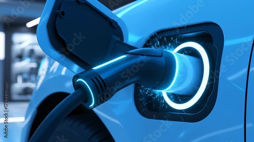 Close-up of an electric vehicle being charged with a blue glowing light.