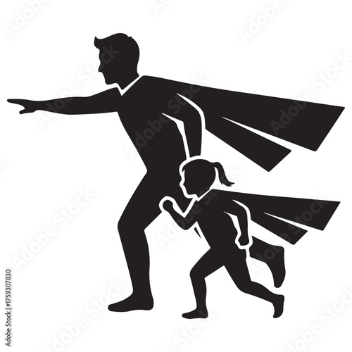 Monochrome Silhouette Vector of Adult and Child Figures with Capes