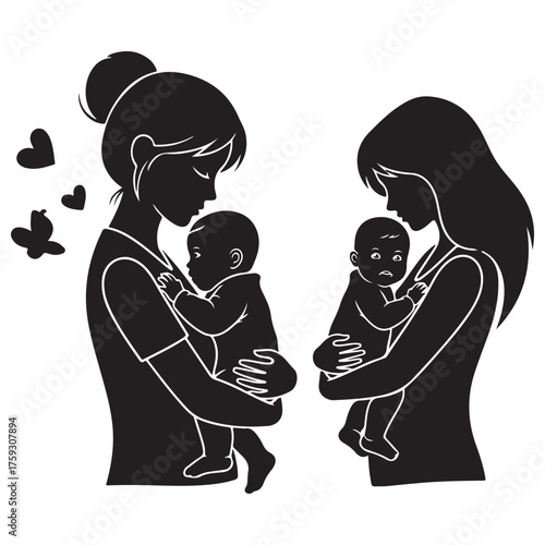 Black and White Vector Silhouette Illustration of Mothers and Babies