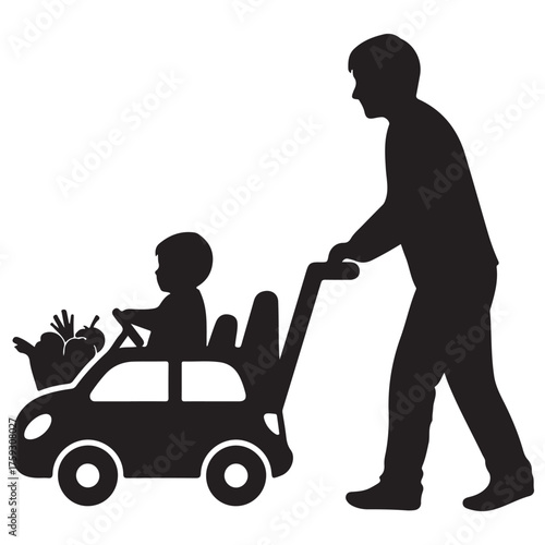 Black Silhouette Vector of Father Pushing Child in Stroller with Groceries