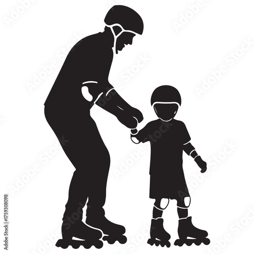 Monochromatic Silhouette Illustration of Adult Guiding Child Rollerblading Learning Activity