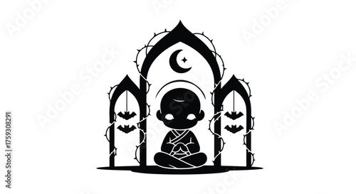 Serene child meditating in a gothic temple with crescent moon and stars