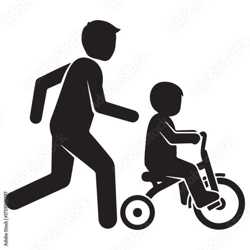 Simple Black Silhouettes of Adult and Child on Tricycle Vector Graphic
