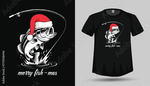 Merry Fishmas T-Shirt Design Black and White Vintage Bass Fish with Santa Hat Illustration