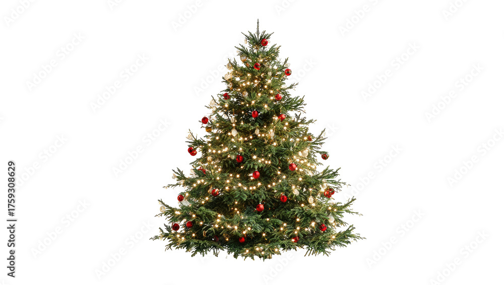 Fototapeta premium Festive evergreen tree on a black background, adorned with glowing lights and red ornaments