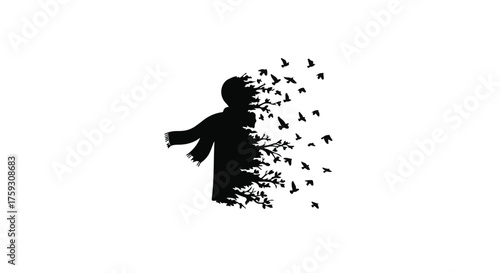 Silhouette of a person dissolving into a flock of birds, symbolizing freedom and transformation