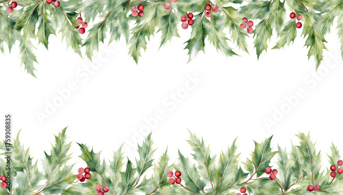 Wallpaper Mural Festive Holly Border: An elegant border of vibrant holly, adorned with lush green leaves and clusters of bright red berries, gracefully frames an open space. A perfect depiction of festive cheer. Torontodigital.ca