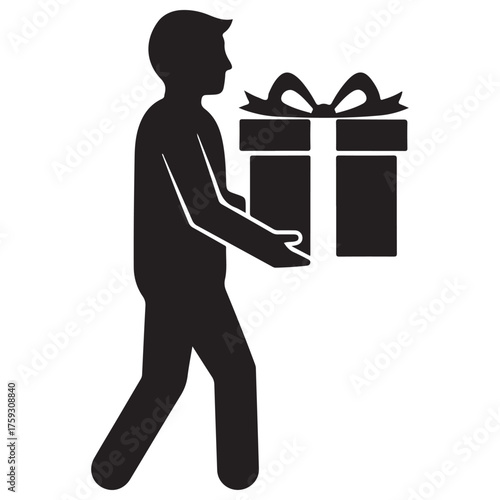 Flat Black Silhouette of Figure Holding a Wrapped Gift with Ribbon
