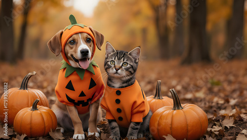 Halloween Friends: A captivating photograph showcases a charming canine and feline duo, each adorned in Halloween costumes and surrounded by festive pumpkins and autumn leaves.