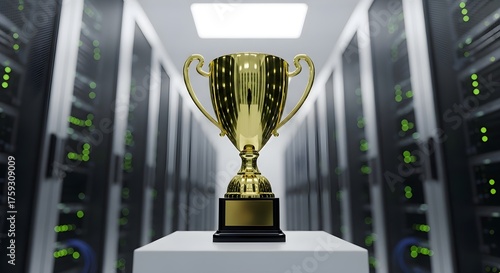 Golden Trophy Symbolizing Achievement and Excellence in a High-Tech Data Center Environment, Representing Success in Cloud Computing and Digital Infrastructure