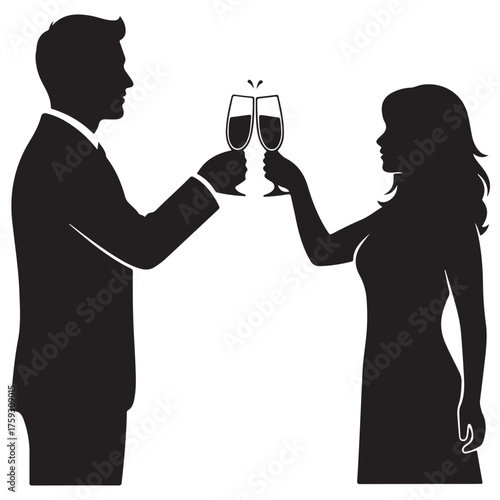 Elegant Silhouette Design: Couple Celebrating with Champagne Flutes