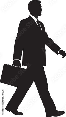 Silhouette of a businessman in a suit walking with a briefcase vector illustration on transparent background